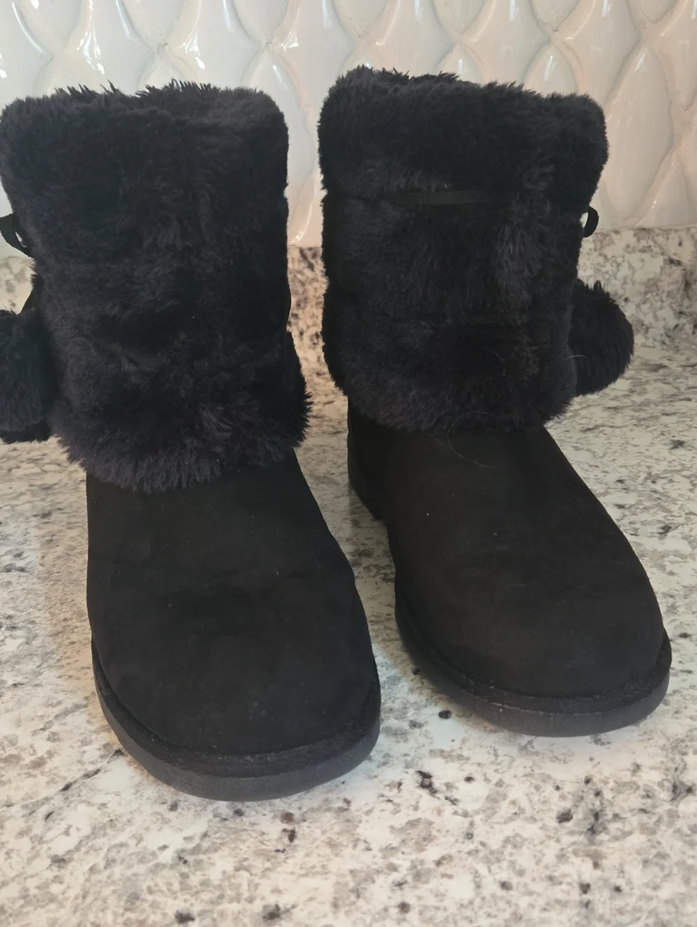 Women’s Black Faux Fur Winter Boots with Pom Detail